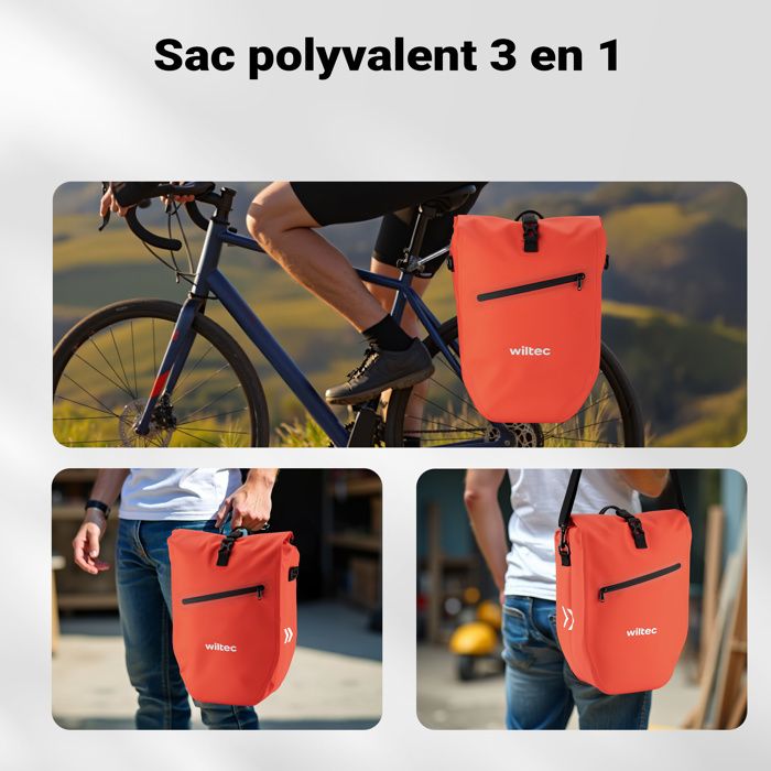 WilTec Sacoche Porte-Bagages Vélo 25L Étanchéité PVC 500D - 56,5x30x15 Cm - Fixation Rapide - Pour Vélo Électrique & Classique