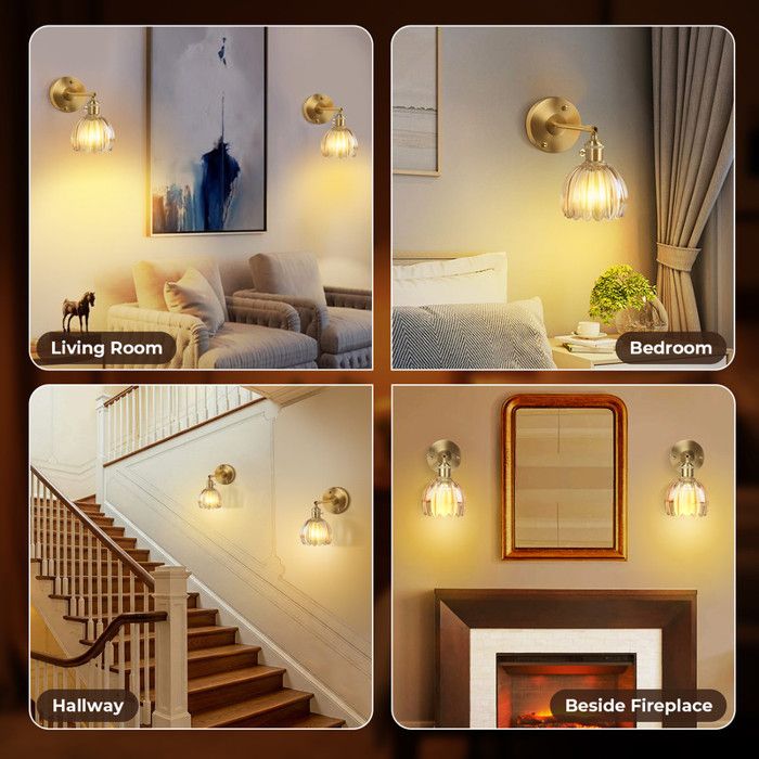 DLGLOLIN Applique Murale Fleur Vintage Laiton Doré Et Verre Avec Interrupteur Lampe Murale Vintage E27 Luminaire Murale Pour Salle De Bain Chambre Salon Cuisine