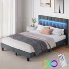 Lit 140x190 cm HavenlyHome, Lit en Lin avec Tête de Lit et LED, Lit Double avec Sommier à Lattes, Lit Adulte pour 2 Personnes, Gris