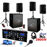 Sono Mix Dj 2800w avec 4 Enceintes Sono 1200w Total - 2 Caissons Amplifiés 1600w Total - 1 Table de Mixage DJM250BT-MKII