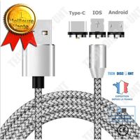TD® Argent 2M 360 ° rond Magnétique Adaptateur USB Type-C / IOS / Câble chargeur rapide pour tous les Smartphone 25453