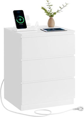 YITAHOME Table De Chevet 3 Tiroirs Avec Ports USB Et Prises - Meuble Blanc Résistant à L'Eau 35x40x60 Cm