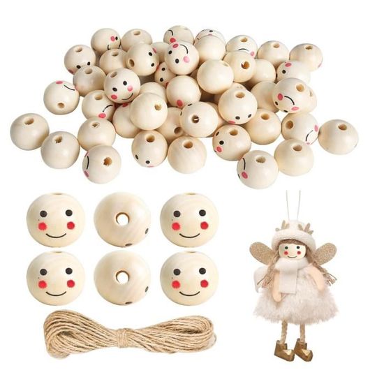 60 Perles En Bois Smiley - 14 Mm, Trou 3 Mm, Multicolores Pour Création Bijoux - 3