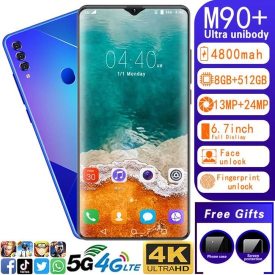 Bleu-6.7 pouces 5G Smartphone M90+ grand écran Android 10.0 Hd 8GB RAM+512GB ROM 10 cœurs 4800mAh