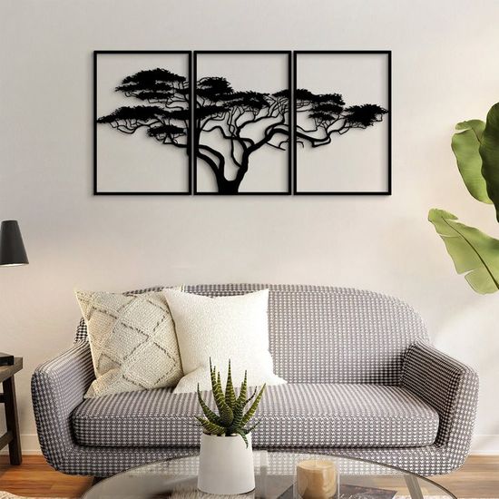 Décoration Murale Arbre De Vie En Métal Noir - Cadre 50x50 Cm, Style Industriel Minimaliste, Effet 3D Avec Ombre Portée