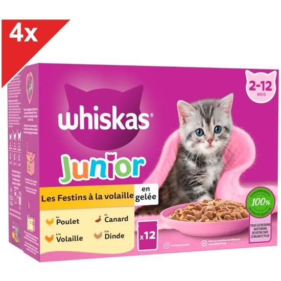 WHISKAS JUNIOR 48 Sachets fraîcheur en gelée 4 variétés pour chaton 85g