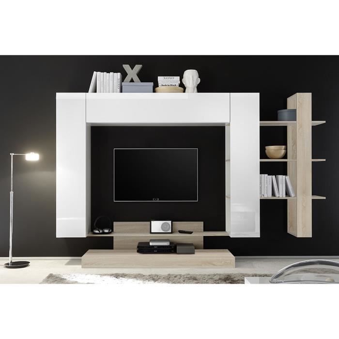 LEONTINE 2 LAQUE BLANC AVEC MEUBLE TV ET ETAGERE CHENE ENSEMBLE COMPOSITION MEUBLE TV TENDANCE