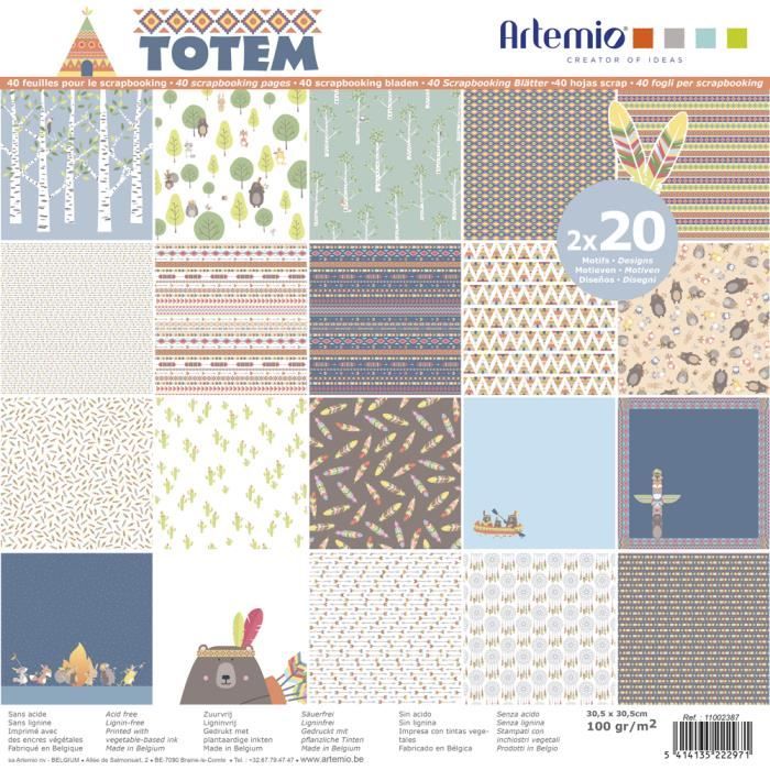40 Feuilles Papiers Scrapbooking 30.5 x 30.5 - Assortiment Papiers Totem - Bloc Papier Totem