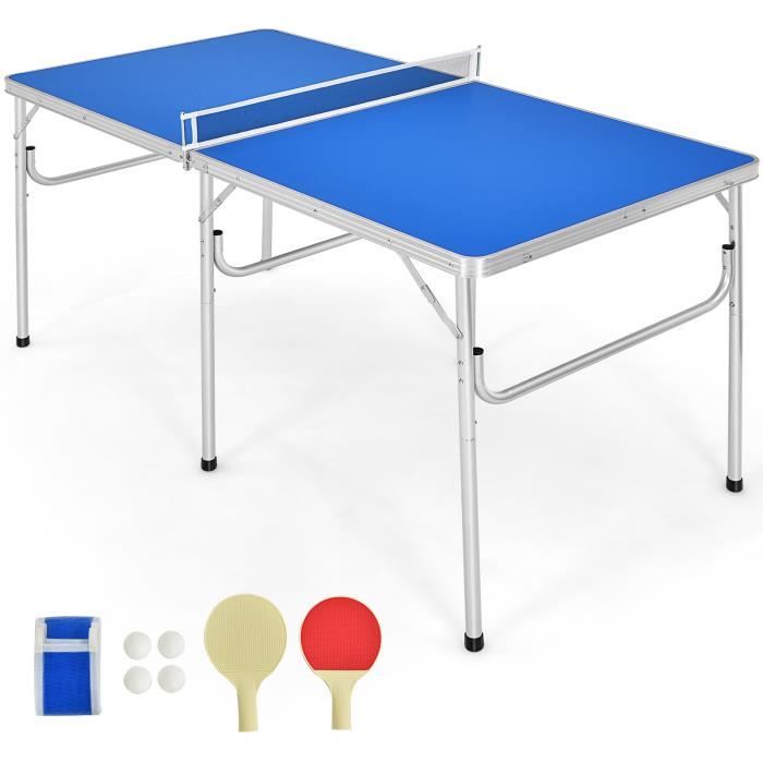 COSTWAY Table de Ping-pong Pliable Table de Tennis de Table Portable avec 2 Raquettes et 4 Balles Coffret de Rangement Bleu