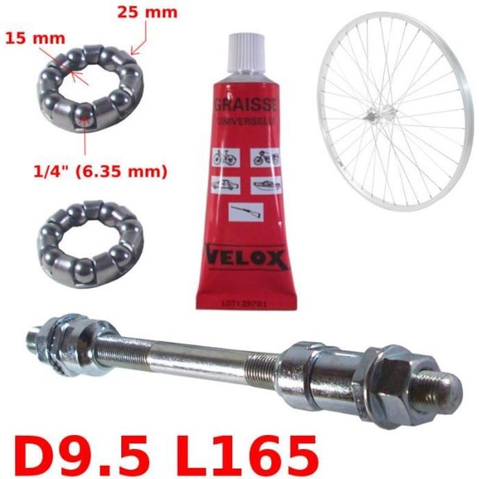 KIT AXE DE ROUE ARRIERE 9.5 x 165 MM + ROULEMENT 1/4  + GRAISSE VELOX CAGE A BILLE MOYEU VELO VTT FIXIE VINTAGE ANCIEN PLEIN ARGENT