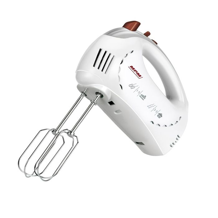 MPM MMR-15 Mélangeur à pâtisserie portatif, 5 vitesses + turbo, tiges en acier inoxydable et crochet pétrisseur, 300W