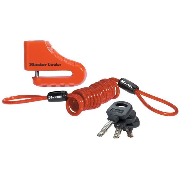 Master Lock Cadenas Antivol Bloque disque de frein pour moto/scooter/2-roues, antivol avec corde de rappel