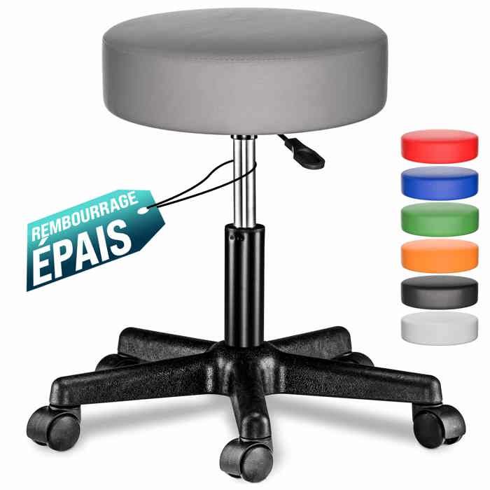 Casaria Tabouret à roulettes Gris Simili Cuir Pivotable Réglable en Hauteur Tabouret de Bureau Assise Siège roulant