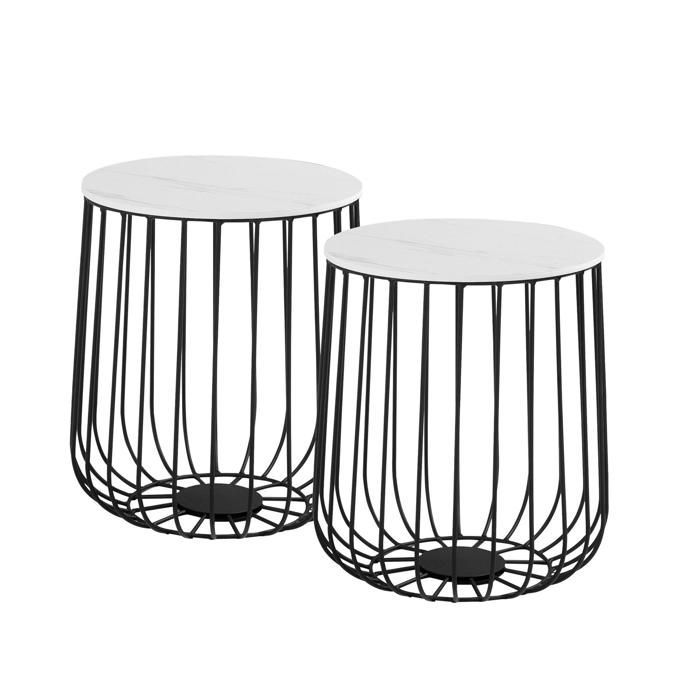 Lot de 2 tables d'appoint ERRANO paniers en métal tables à café tables basses rondes bouts de canapé vintage décor marbre blanc