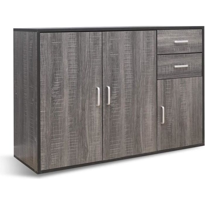 Buffet - Commode Moderne - 3 Portes, 2 Tiroirs - Grain de Bois Mat - Gris, 106x36x74 cm - Mondeer