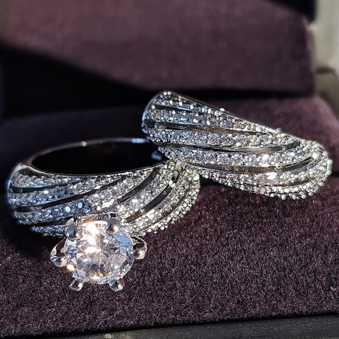 2PCS Bague en argent sterling 925 avec pierres précieuses brillantes Bague de mode cz Bague de mariage en CZ pour femmes ,Taille 62