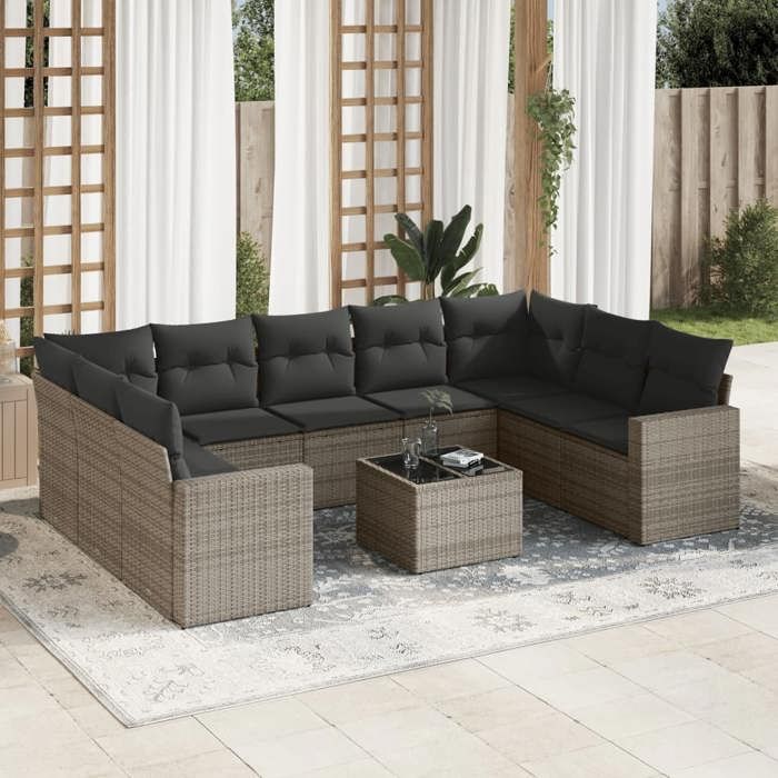 vidaXL Salon de jardin avec coussins 10 pcs gris résine tressée 3219400