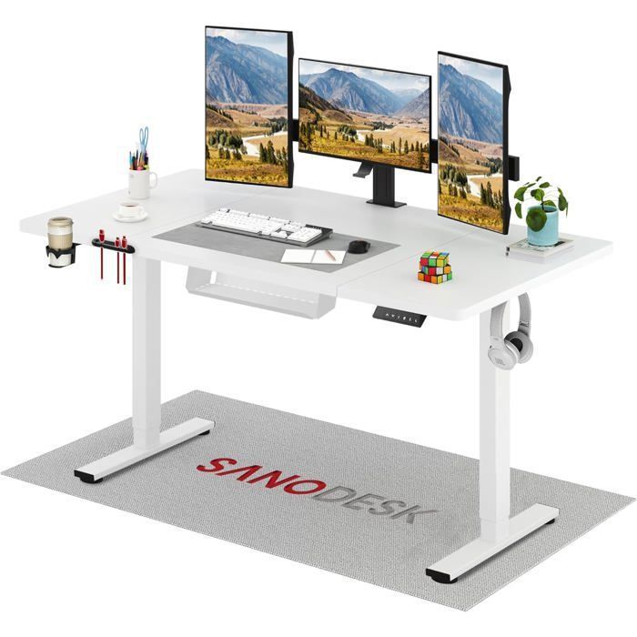 SANODESK Bureau Assis Debout Électrique Bureau Réglable en Hauteur avec Crochet et Fonction Mémoire Plateau Blanc 160x60cm