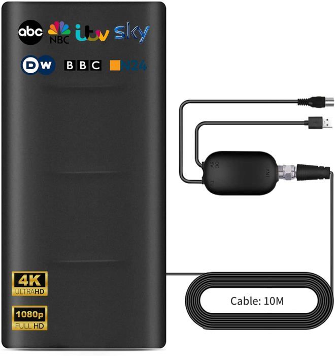 Antenne TV Intérieure/extérieure Portée 600 Km Avec Amplificateur - Compatible 4K/1080p, Câble 10m