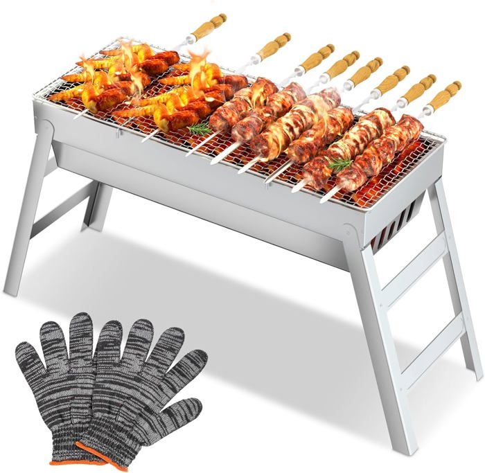 Barbecue Pliant Portable Ved Acier Inox – Grille Charbon 32,5×23 Cm – Idéal Pique-Nique, Camping, Plage, Jardin, Terrasse