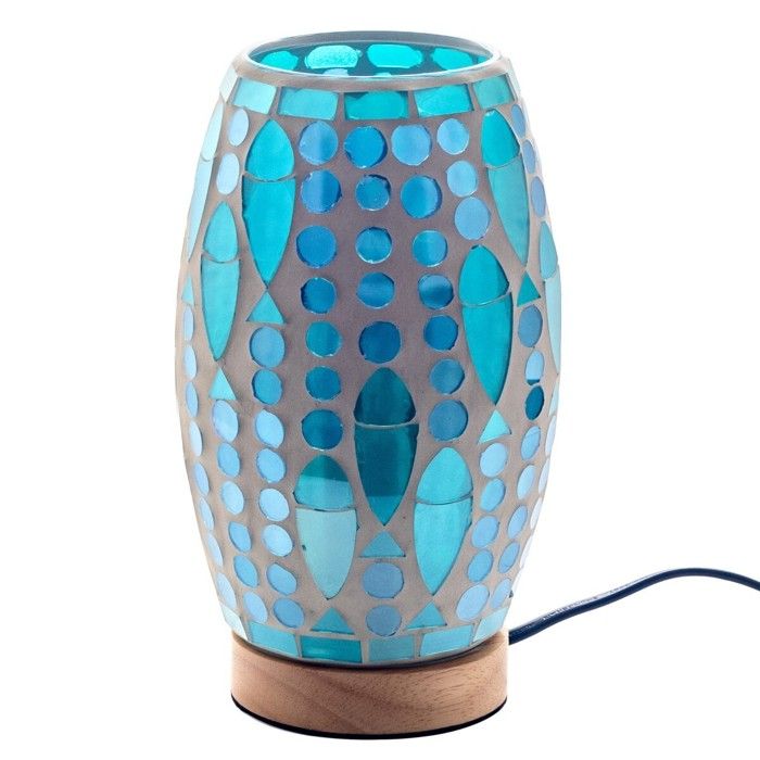 Lampe Mosaïque - Ovale - Verre Mosaïque Bleu - Socle en Bois - Ambiance Vintage