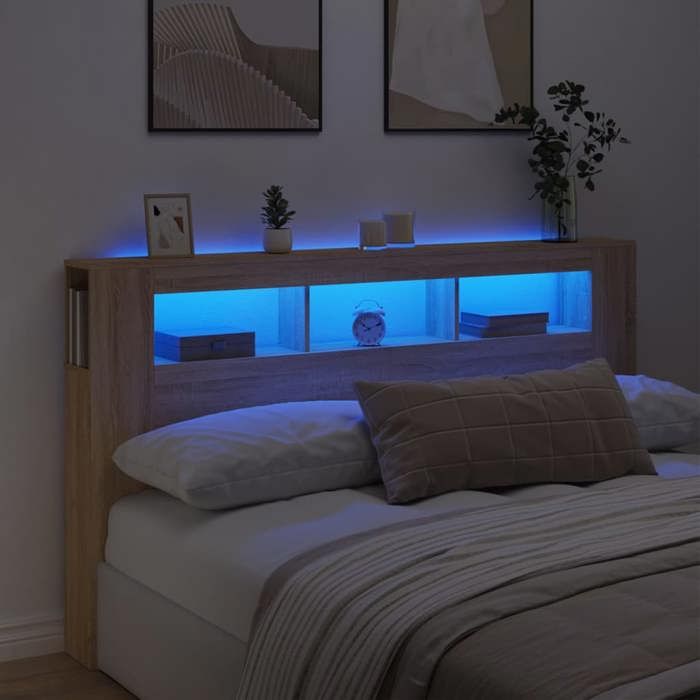 Tête de lit à LED-Armoire de tête de lit avec éclairage LED-Panneau de tête de lit chêne sonoma 180x185x1035cm bois ingénierie