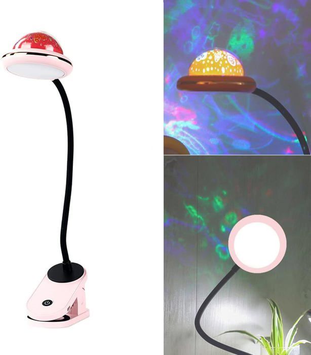 lampe de lecture à pince LED rechargeable par USB avec projection détoiles lampe de chevet à col de cygne(rose)