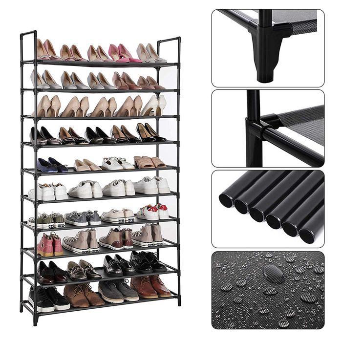 Étagère à Chaussures Industrielle 10 Niveaux Noir Métal 12-30 Paires 100*30*176cm Pour Entrée Salon Chambre XJING