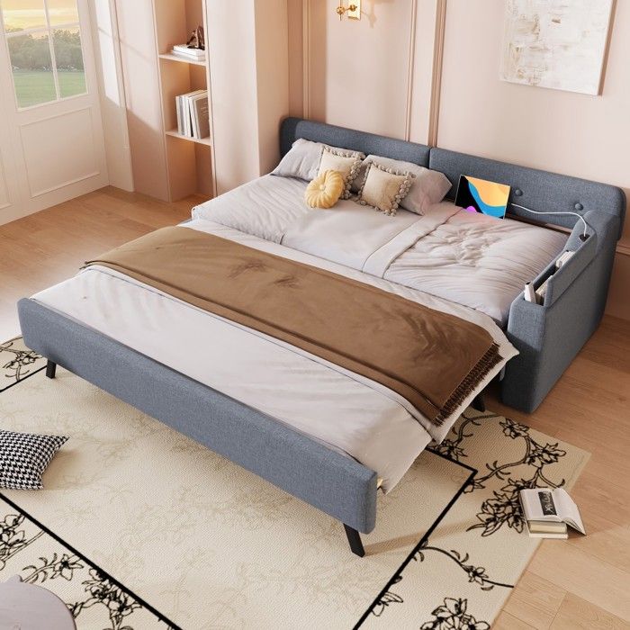 Canapé-lit 2 En 1 Avec Rangements Et Ports USB - Banquette Convertible 90x200 Cm En Tissu Lin - Gris - Parfait Studio Ou Chambre D'appoint