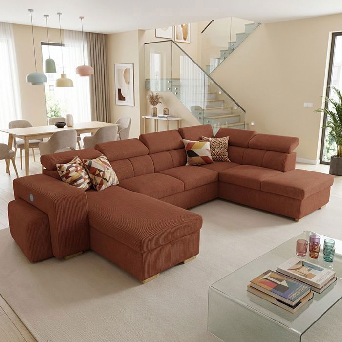 SIRIUS Canapé dangle panoramique convertible TERRACOTTA (velours côtelé ) - Taille XL - 6 places - 334 x 219 x 94