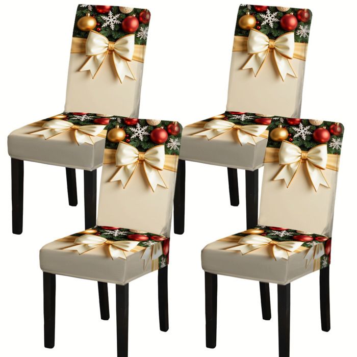 Housse de chaise Noël 4 pcs beige/or extensible (polyester-spandex) – motif nœud lavable en machine Housse de chaise Noël 4 pcs beige/or extensible (polyester-spandex) – motif nœud lavable en machine