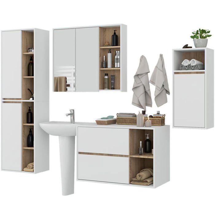 Ensemble de meubles de salle de bains VAMI suspendu Blanche intérieur Chêne Sonoma Ensemble de meubles de salle de bains VAMI suspendu Blanche intérieur Chêne Sonoma