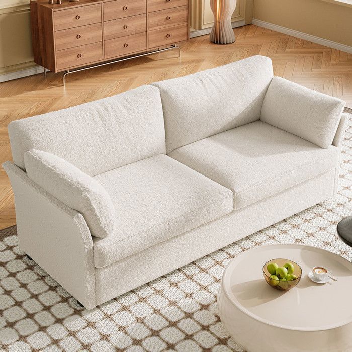 Canapé bouclé 186 cm tissu doux blanc sofa design scandinave confortable style cocooning pour salon moderne