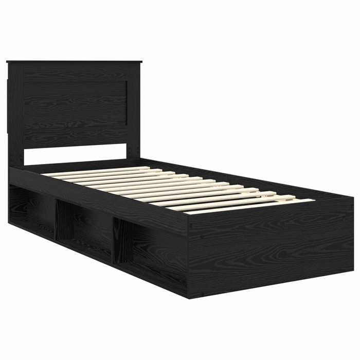 Structure de lit avec tête de lit - UU - Pin massif - Noir - 90x190 cm - 93x200x100 cm - Cadre à lattes - Avec tiroir