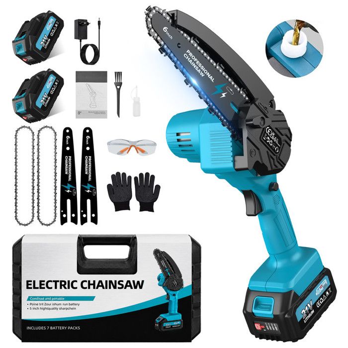 Mini Tronçonneuse sur Batterie 6 Pouces 21V 900W 2x4.0Ah Batteries 2 Chaînes Légère pour Jardin