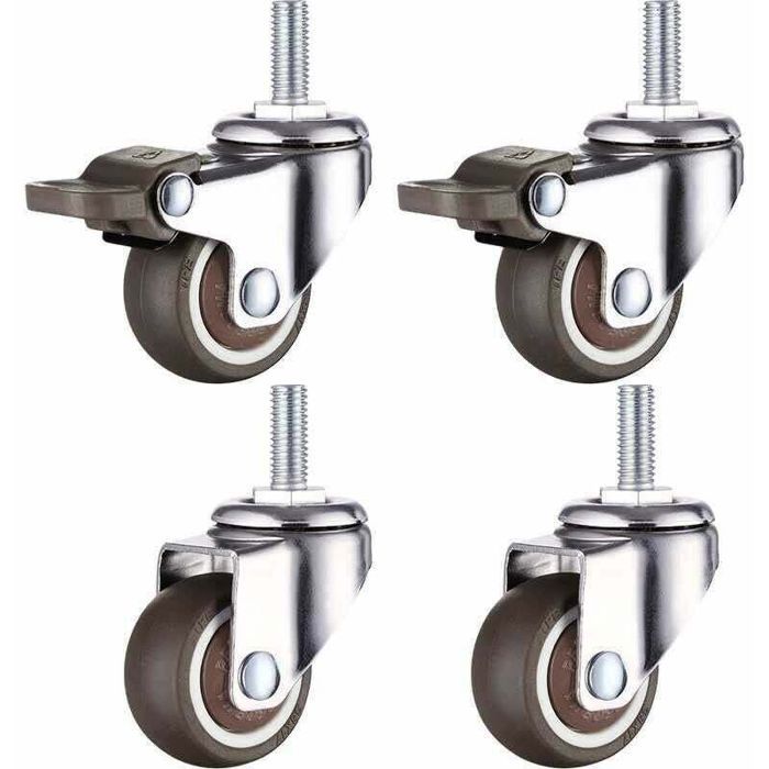 Roulettes pour meubles - PZCC - Lot de 4 - 25 mm - Caoutchouc souple - Filetage M6 - 2 avec frein