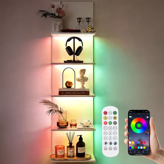 RGB Lampadaire avec Etagere Flottantes 5 Niveaux App & Télécommande Étagère murale Bibliothèque LED 30x18x117cm Salon Chambre