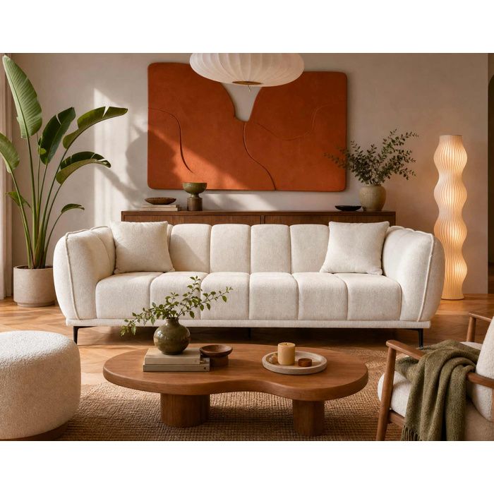 Arsene - Canapé droit 3 places en velours texturé - Beige