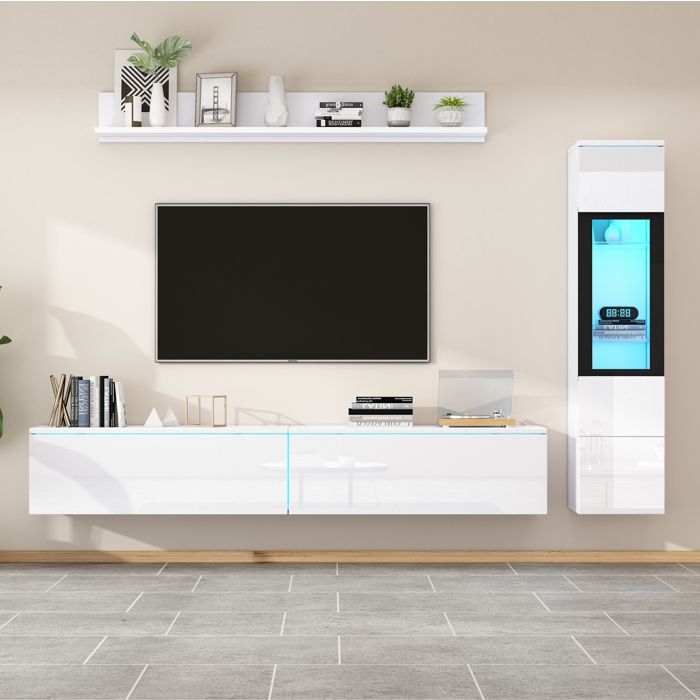 Ensemble mural TV blanc brillant avec LED vitrine et étagère suspendue