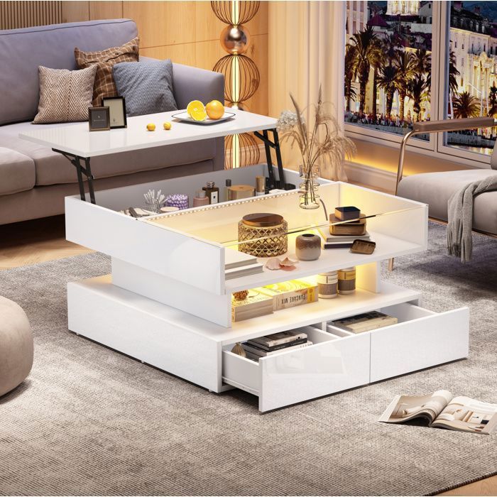 Table basse carrée relevable blanche avec LED rangement caché et 2 tiroirs