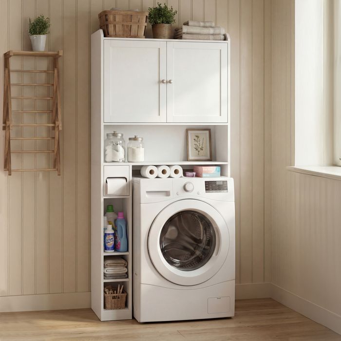 Colonne WC Armoire de Salle de Bain Rangement WC avec Étagères Réglables Gain de Place Moderne pour Buanderie Blanc Colonne WC Armoire de Salle de Bain Rangement WC avec Étagères Réglables Gain de Place Moderne pour Buanderie Blanc