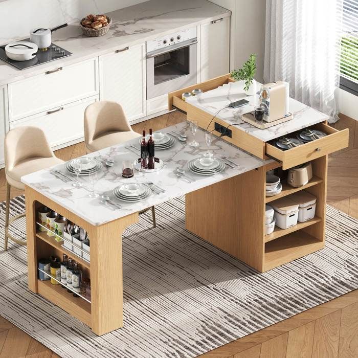 Table de bar extensible roulettes avec plateau amovible et multiprises Îlot de cuisine 2 tiroirs pour cuisine salle à manger naturel