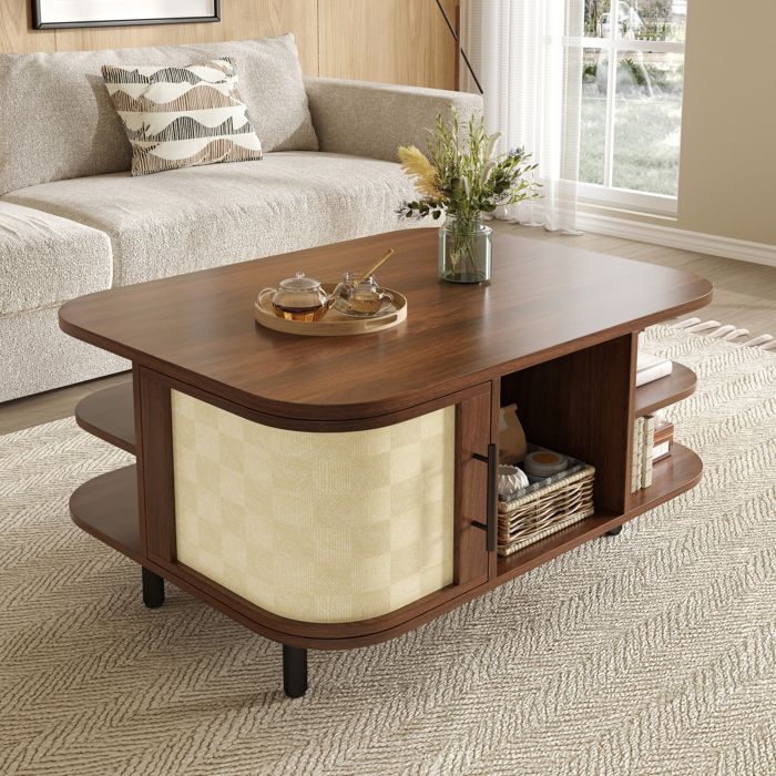 Table basse arrondie rétro 80 x 60 x 47 cm avec rangement ouvert et fermé façade tressée poignées et pieds métal MDF noyer