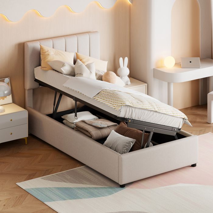 Lit Enfant 90x200 - WSOFZMO - Lit Adolescent avec Coffre - Tête Réglable - Lin Beige - sans Matelas
