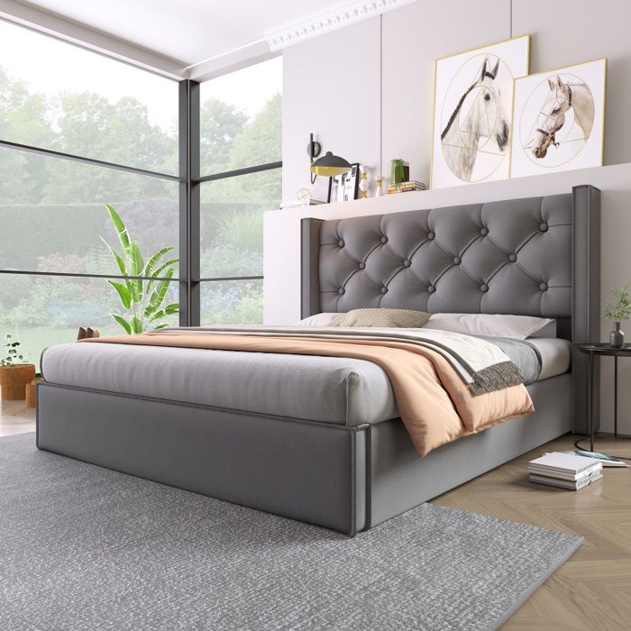 Lit coffre 160x200 cm gris avec sommier relevable hydraulique tête de lit capitonnée et cadre métallique