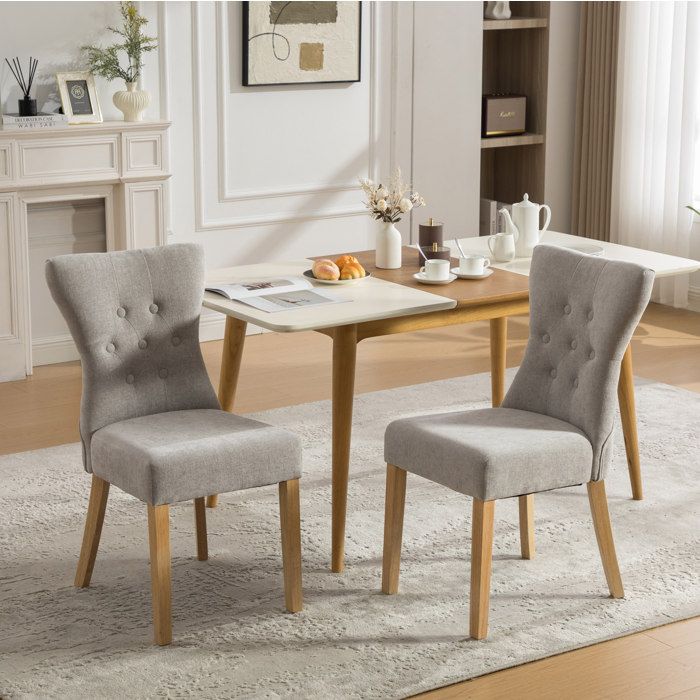 WOVREO Lot de 2 chaises de salle à manger rembourrées dossier haut tissu chenille gris bois massif