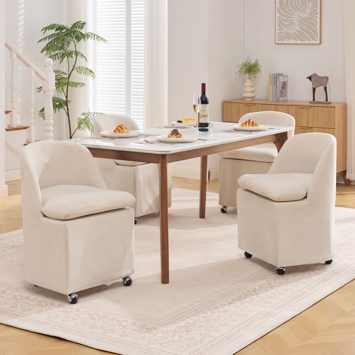 Lot de 2 chaises de salle à manger en chenille beige à roulettes 360° déhoussables sans accoudoirs