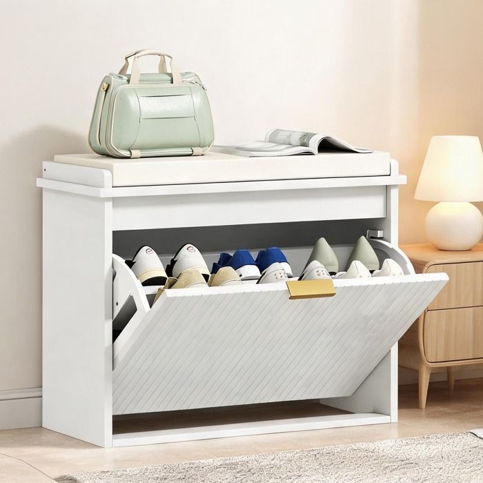Banc à chaussures blanc MDF avec coussin rembourré et tiroirs basculants 62 x 26 x 47 5 cm pour entrée ou chambre