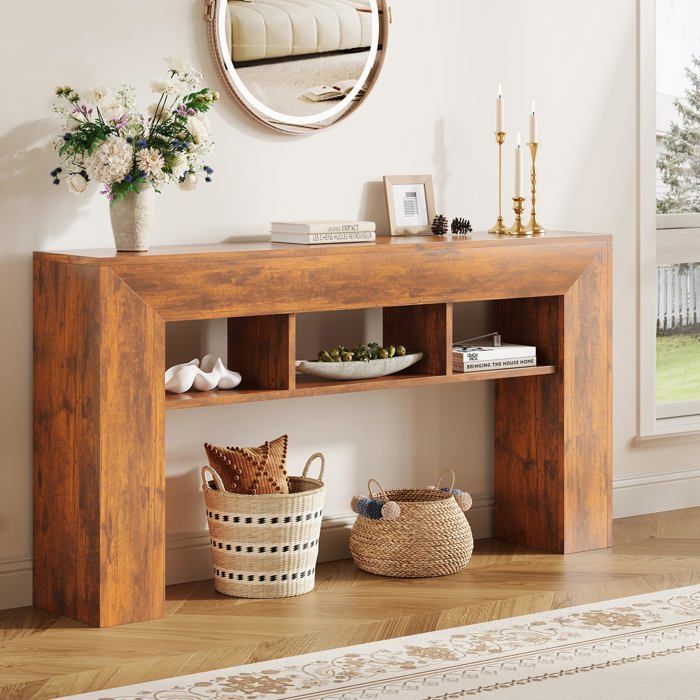 Console longue 63″ style campagne bois marron étagères supplémentaires derrière canapé entrée couloir foyer