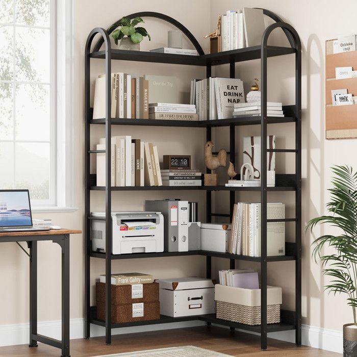 Bibliothèque dangle en L 5 niveaux – Structure métal et MDF noir – Rangement pour bureau salon ou chambre